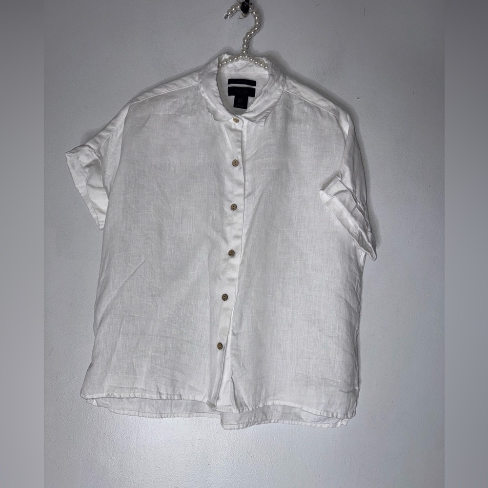 rachel‎ rachel roy White Collar Short Sleeve Button Down Linen Top Small